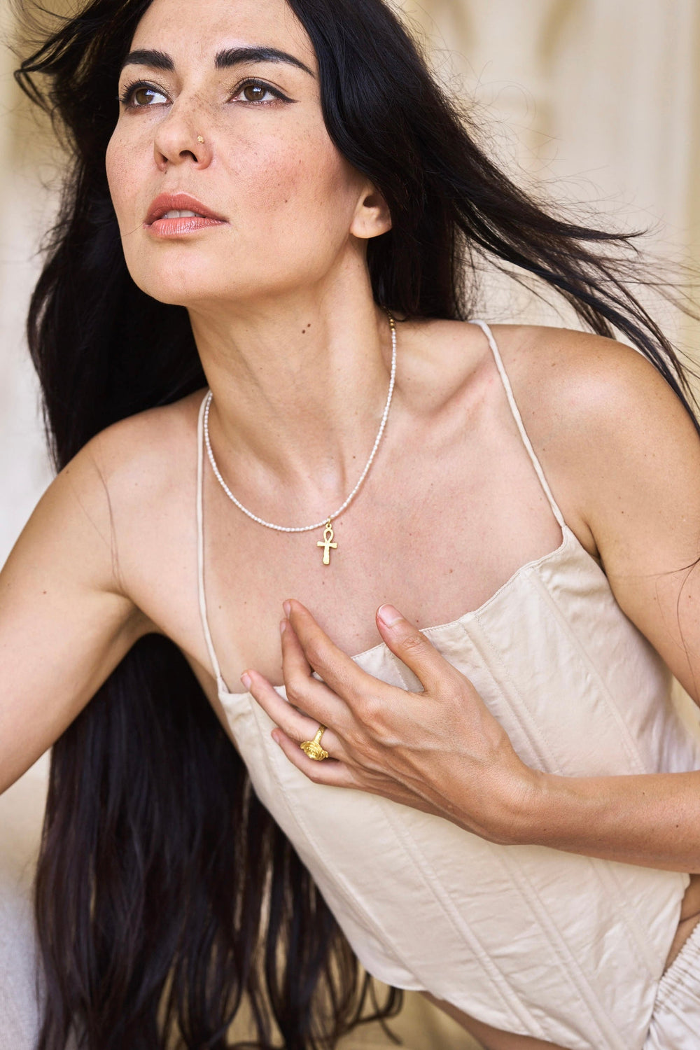 Sekhem Ankh Pearl Necklace, 18K Gold Plated Sterling Silver