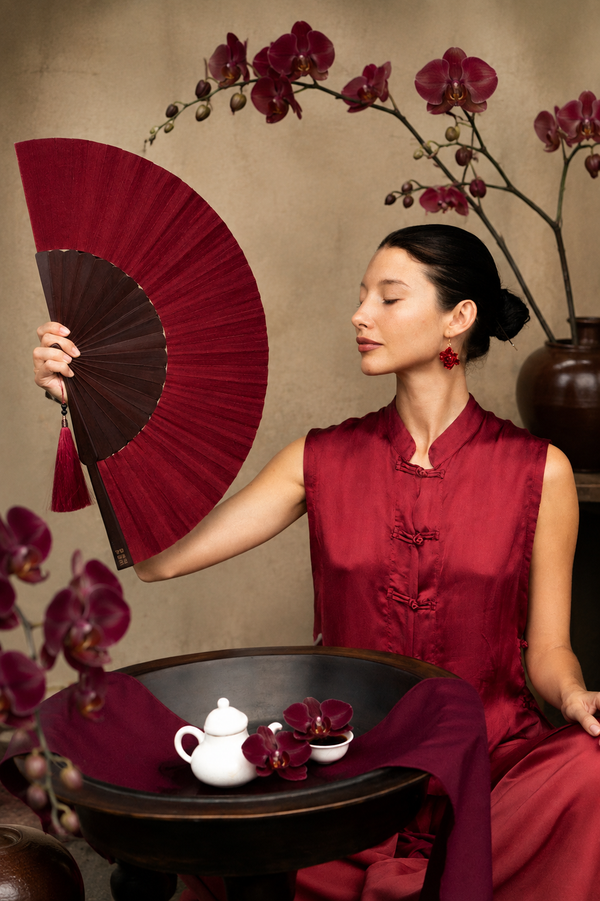 Temple Fan, Silk, Sacred Maroon