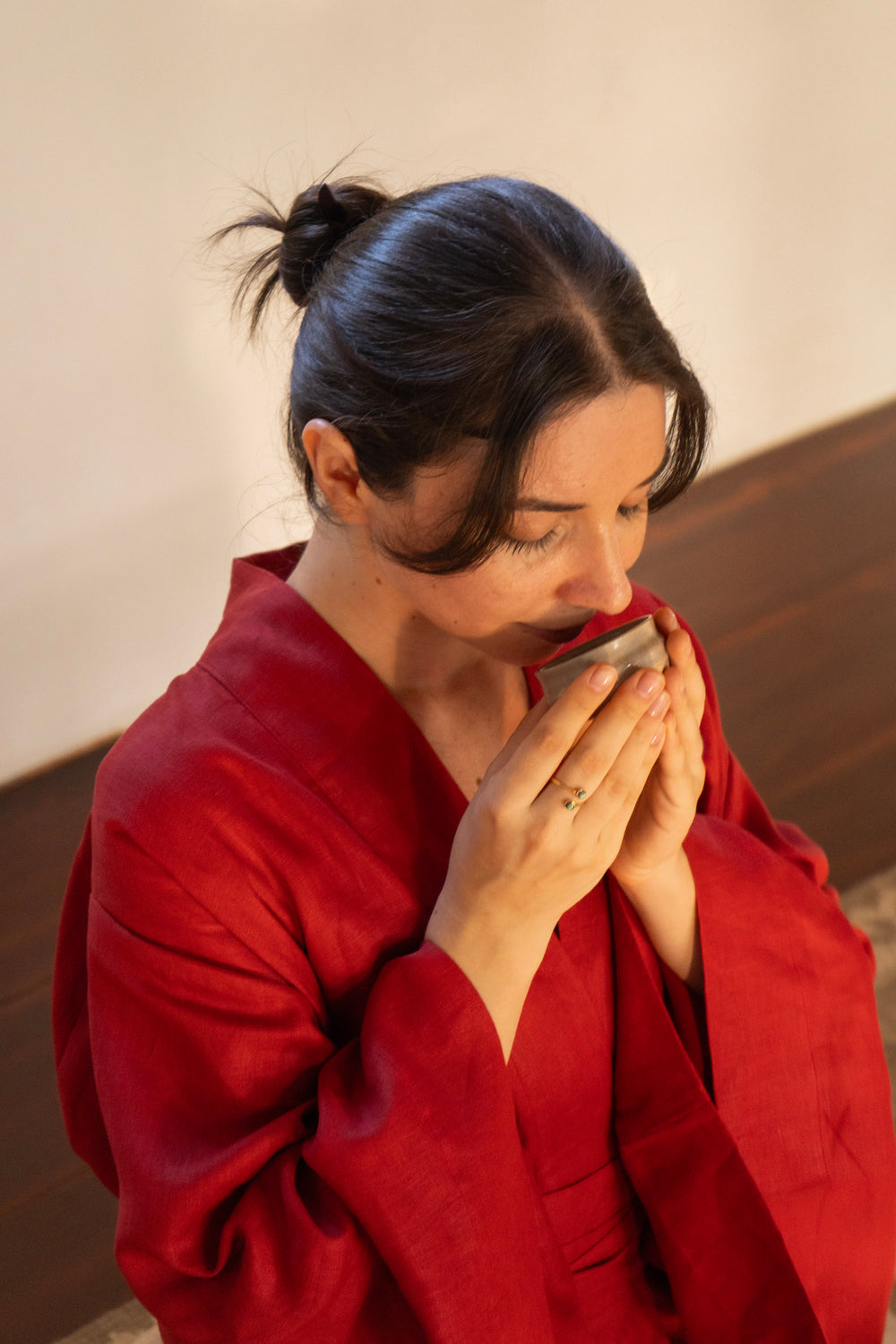 Yori Kimono, Linen, Red Peony, view 3