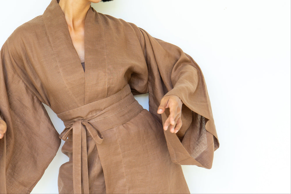 Yori Kimono, Linen, Honey Brown, view 2