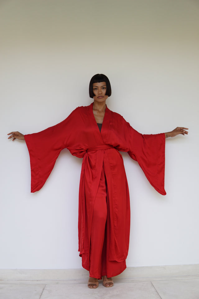 Aset Kimono, Lyocell Silk, Red Peony