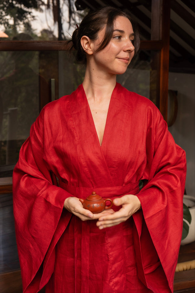 Yori Kimono, Linen, Red Peony