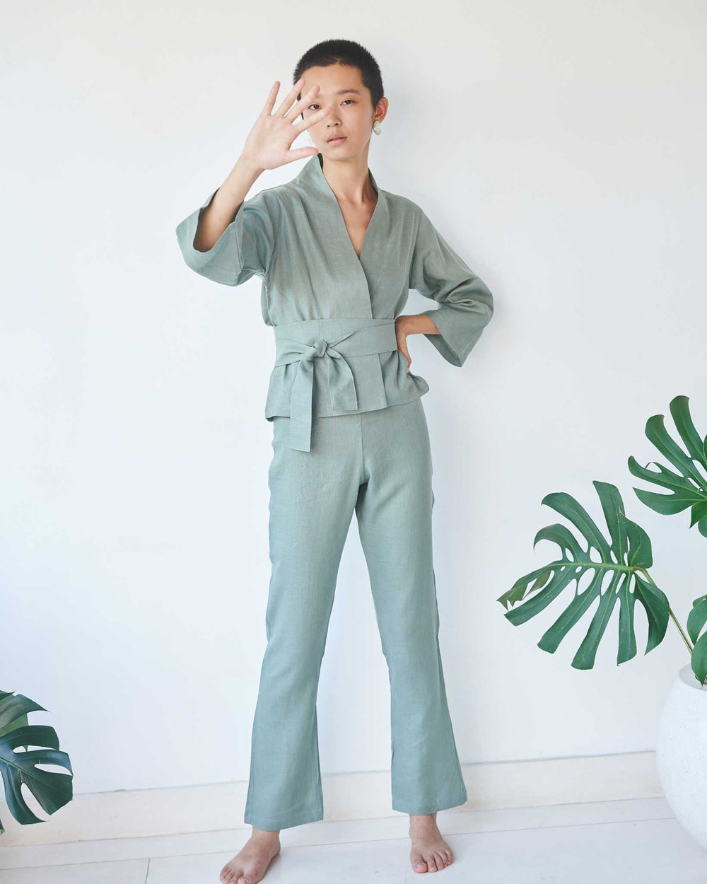 Mai Kimono Suit, Linen, Sage, view 3