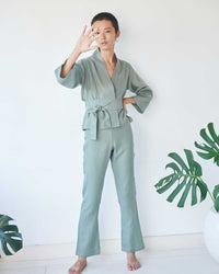 Mai Kimono Suit, Linen, Sage, view 3