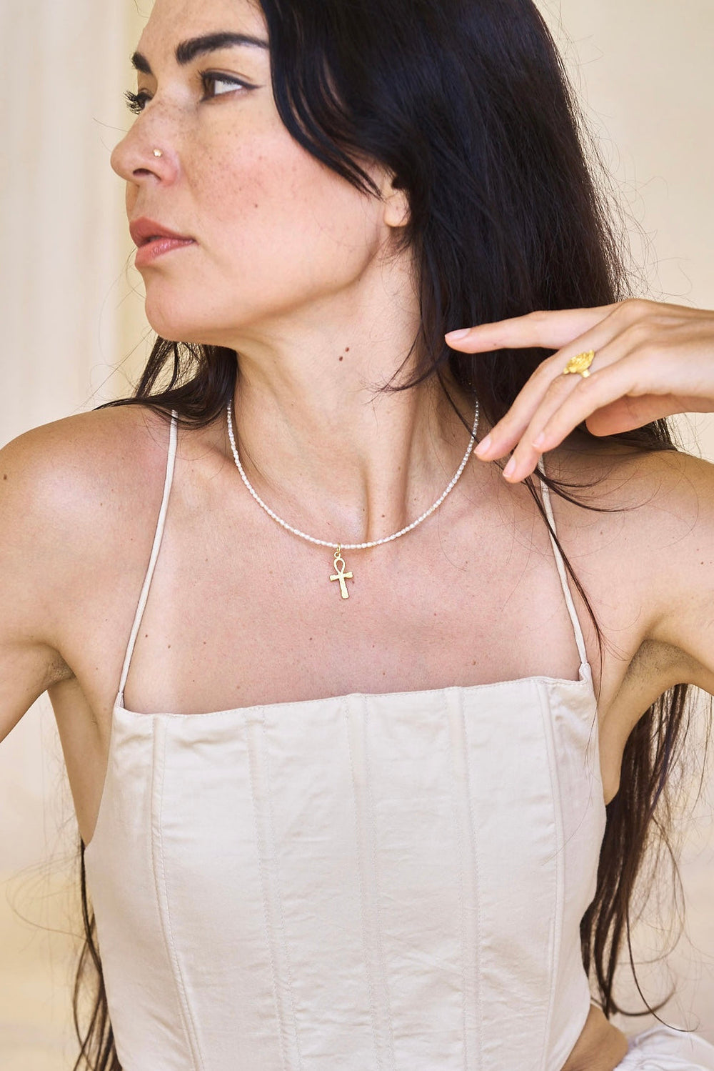 Sekhem Ankh Pearl Necklace, 18K Gold Plated Sterling Silver, view 5