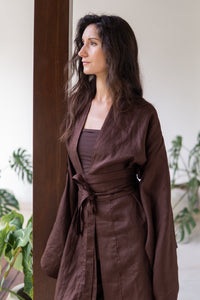 Yori Kimono, Linen, Brown Chocolate, view 2