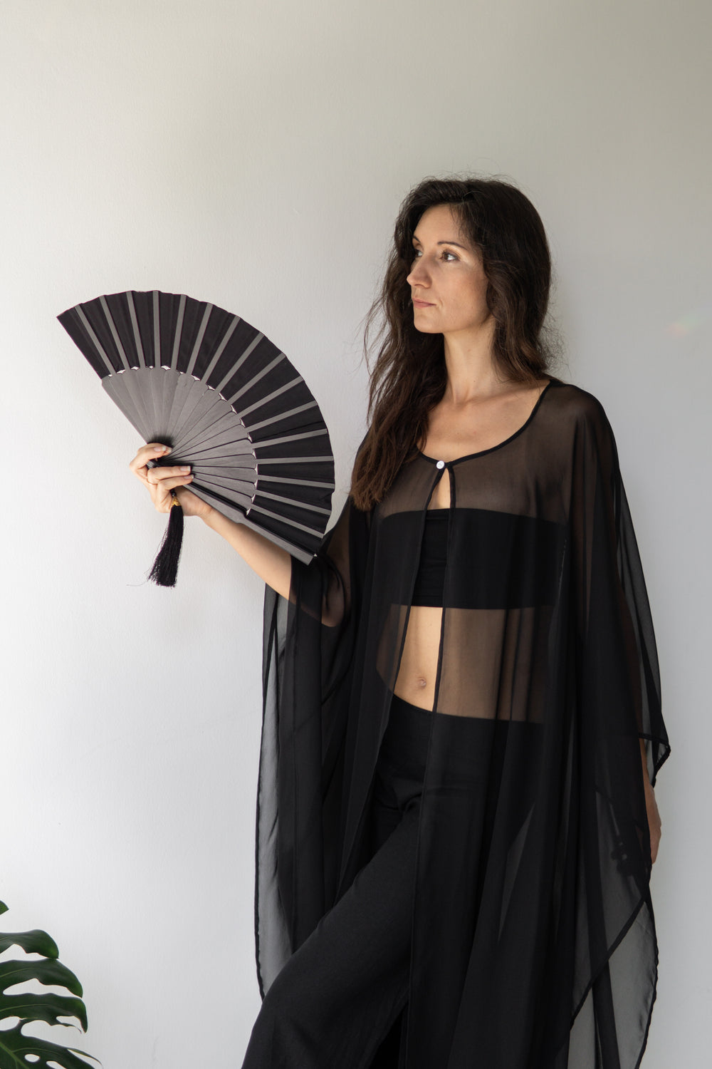 Temple Fan, Silk, Black Jade, view 3