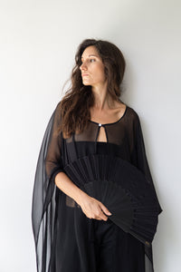 Temple Fan, Silk, Black Jade, view 6
