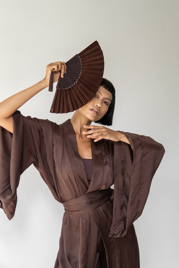 Temple Fan, Silk, Brown Wood