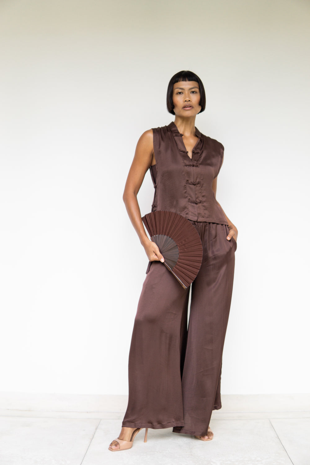 Temple Fan, Silk, Brown Wood, view 6