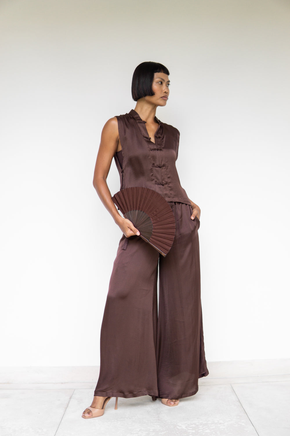 Temple Fan, Silk, Brown Wood, view 8