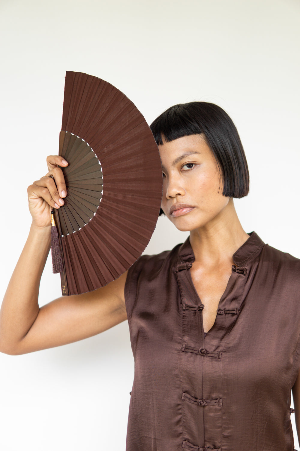 Temple Fan, Silk, Brown Wood, view 3