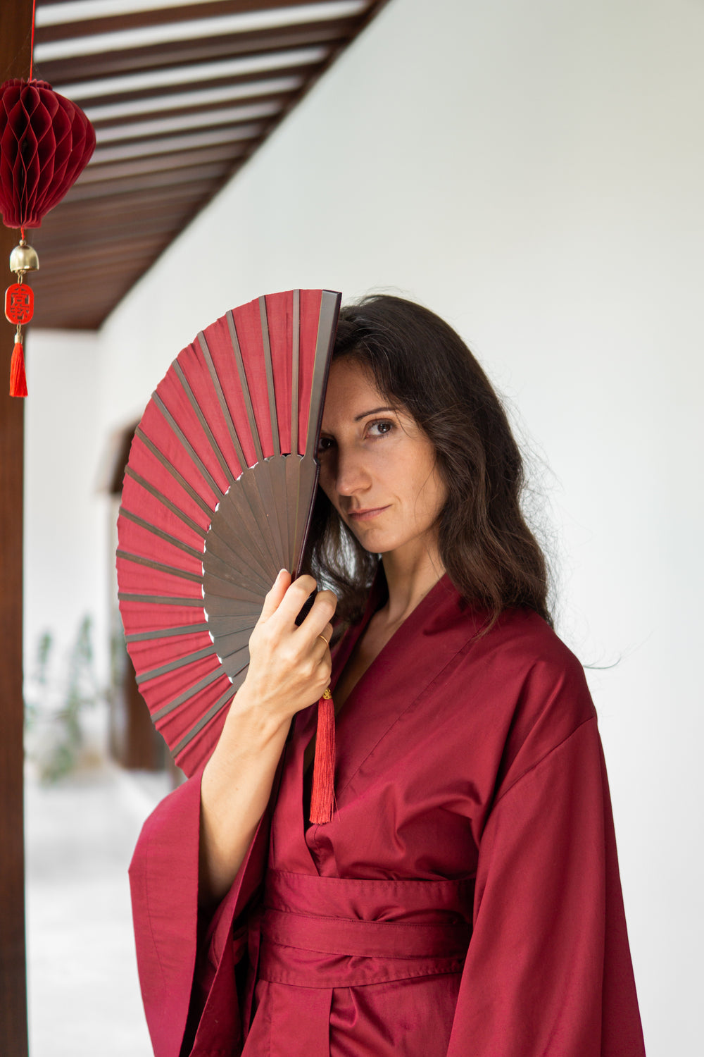Temple Fan, Silk, Sacred Maroon, view 5