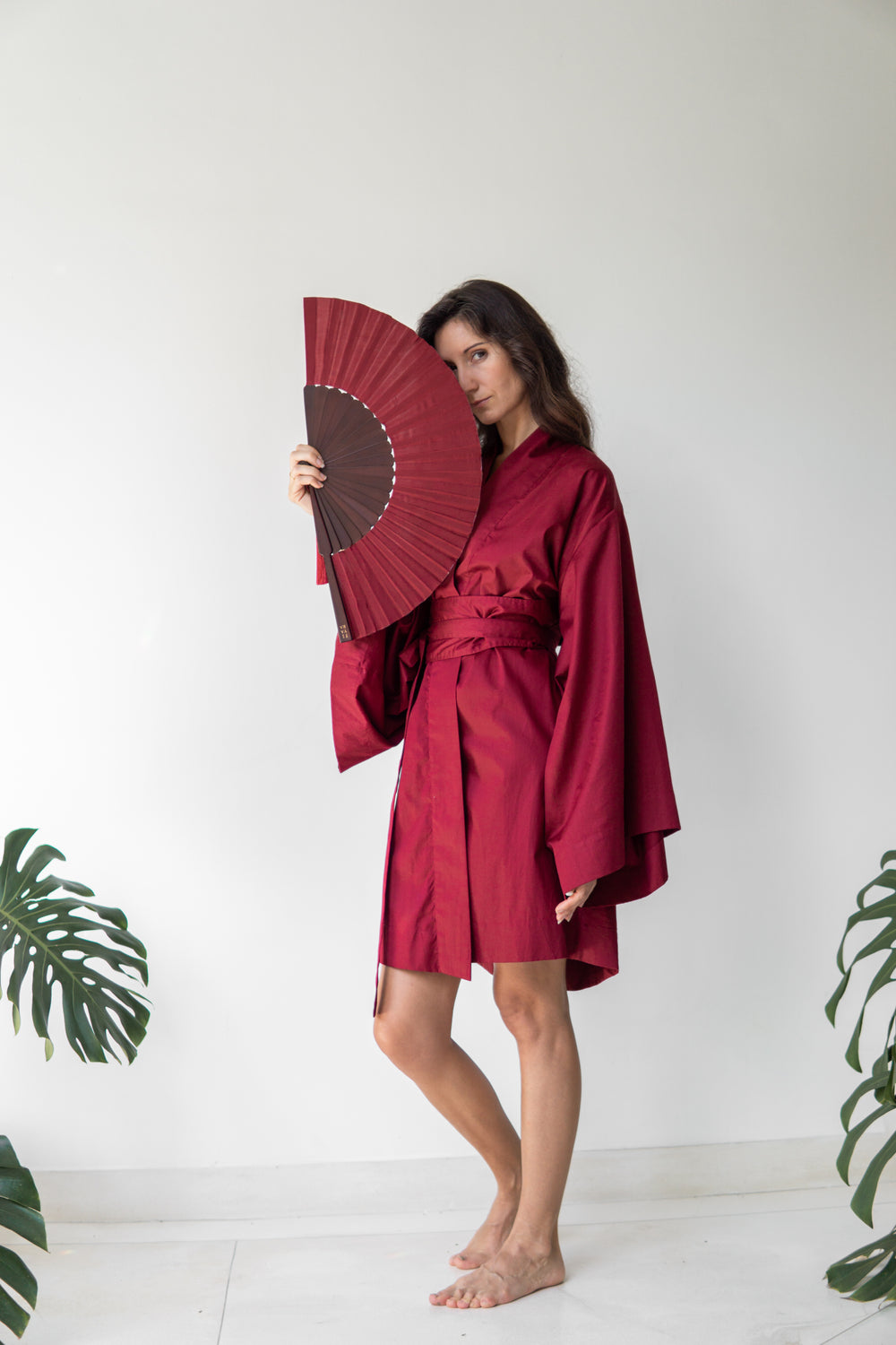 Temple Fan, Silk, Sacred Maroon, view 6
