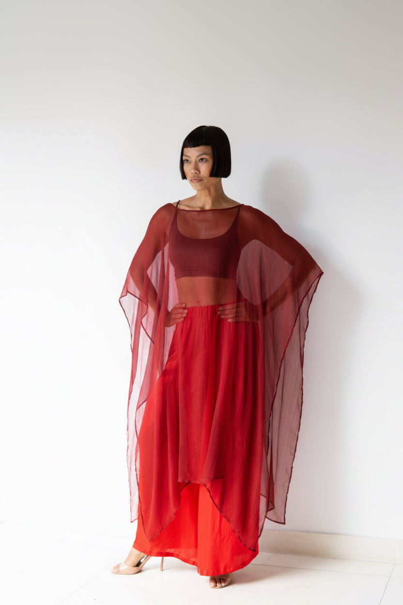Yun Poncho, Silk Crinkle, Sacred Maroon, view 8