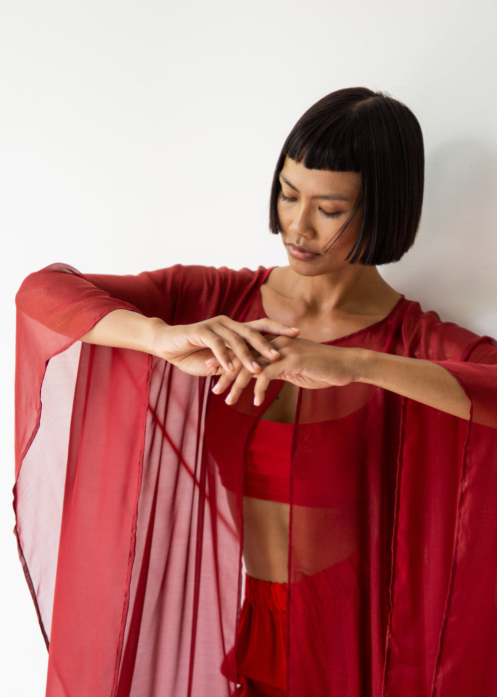Isis Cape, Silk Sheer, Red Rose Dipped in Gold, view 7
