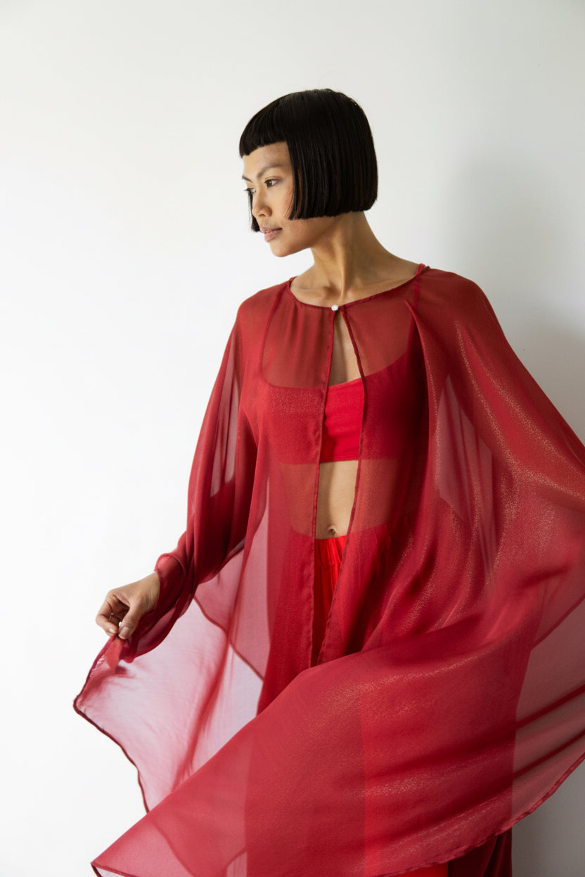 Isis Cape, Silk Sheer, Red Rose Dipped in Gold, view 8