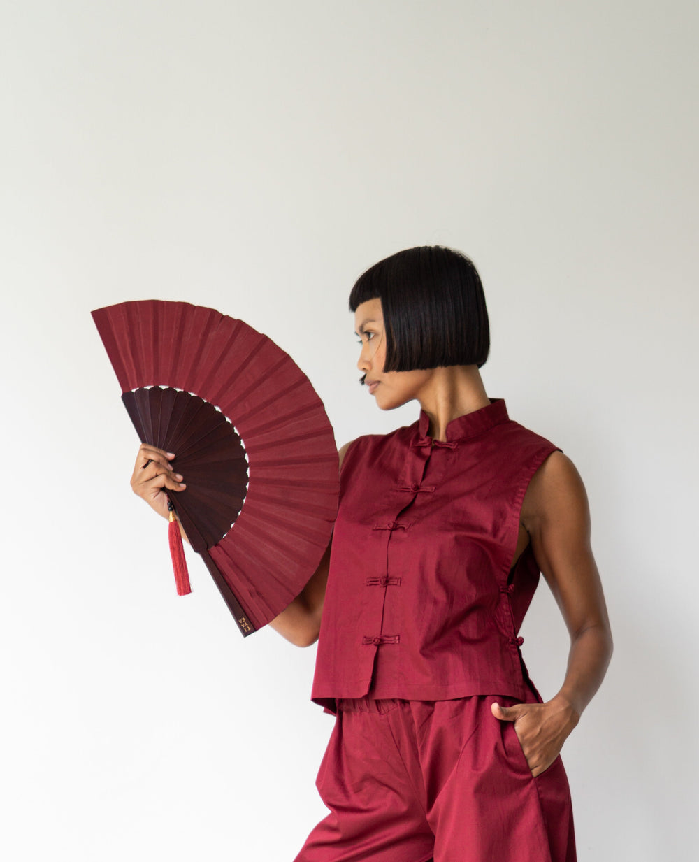 Temple Fan, Silk, Sacred Maroon, view 3