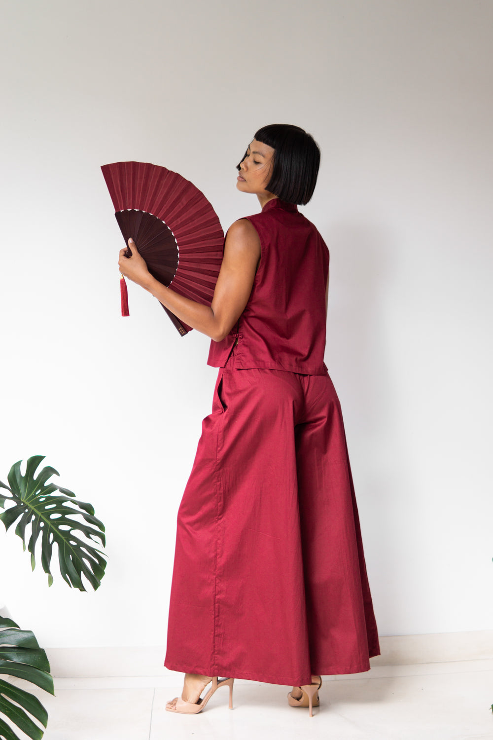 Temple Fan, Silk, Sacred Maroon, view 8