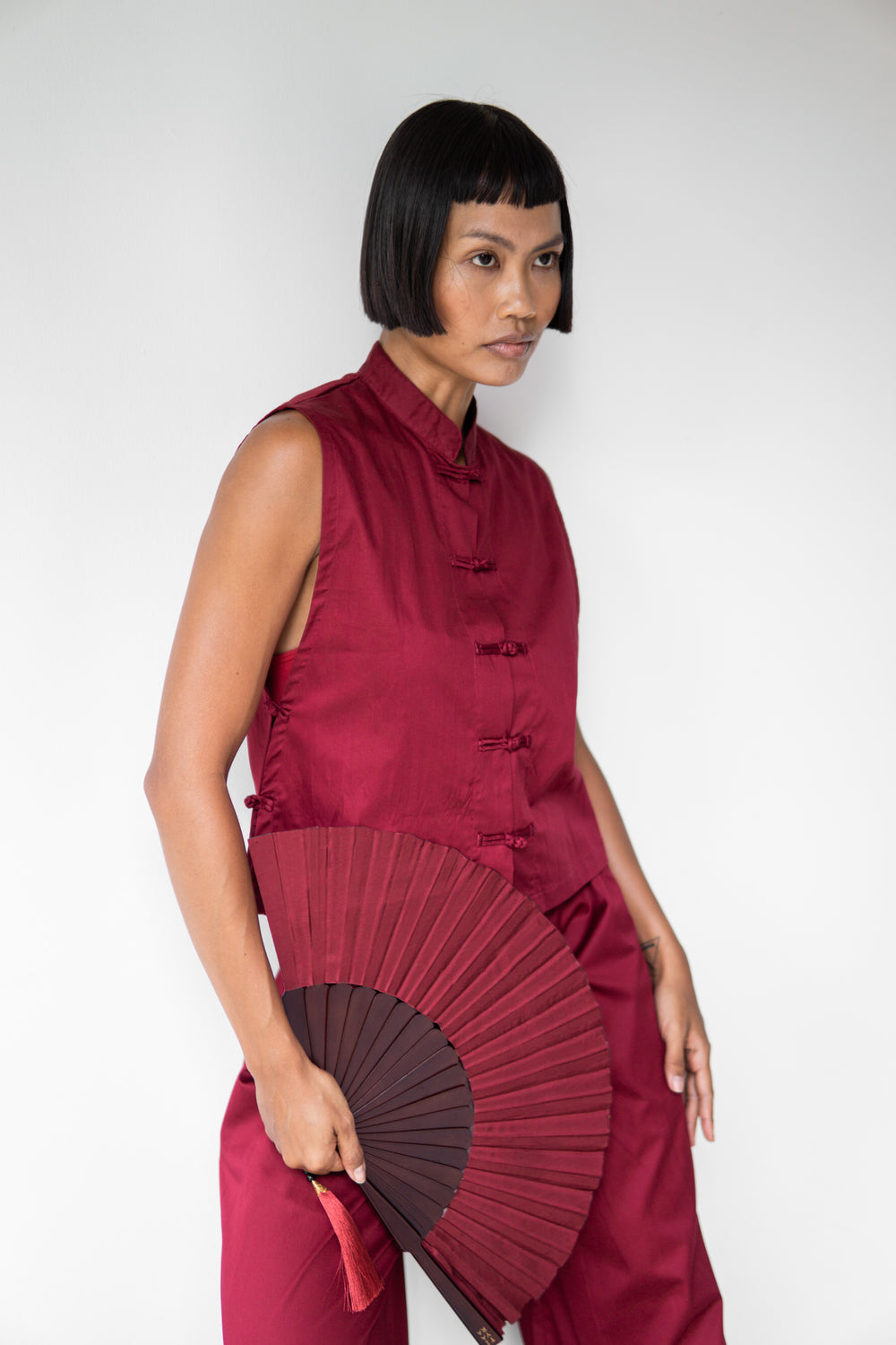 Temple Fan, Silk, Sacred Maroon, view 4