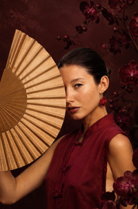 Temple Fan, Silk, Golden Pearl