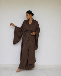 Aset Kimono in Earth Cacao, relaxed three-quarter front view