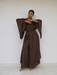 Aset Kimono in Earth Cacao, three-quarter front view