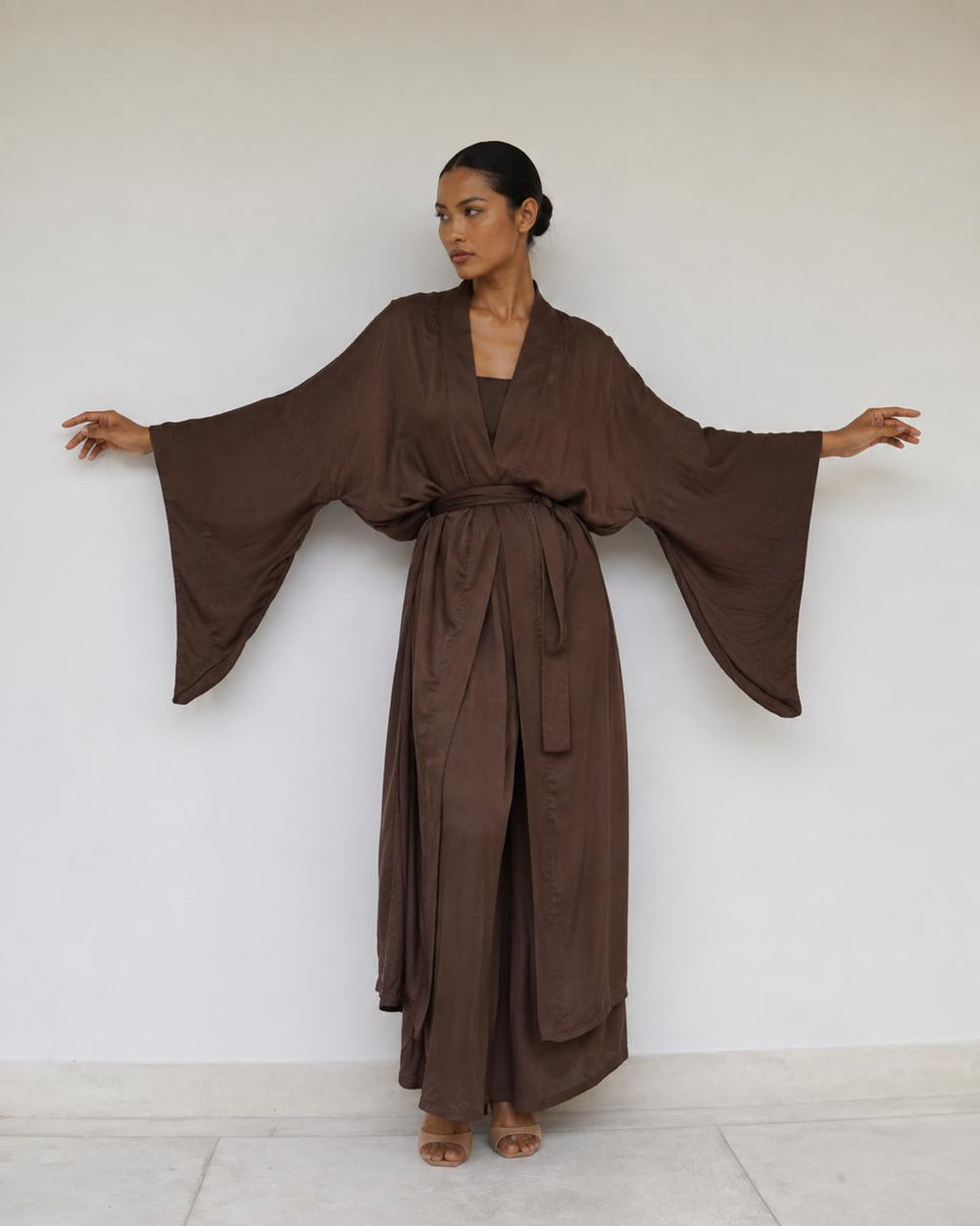 Aset Kimono in Earth Cacao, geometric sleeves extended