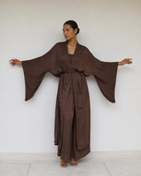 Aset Kimono in Earth Cacao, geometric sleeves extended