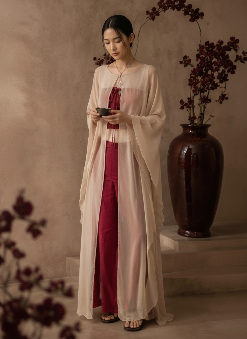 A woman stands indoors wearing a long, flowing cream-colored open-front outer layer over a deep red dress or pants set. She is holding a small dark object, with a large dark brown vase of dried stems behind her against a warm beige wall.