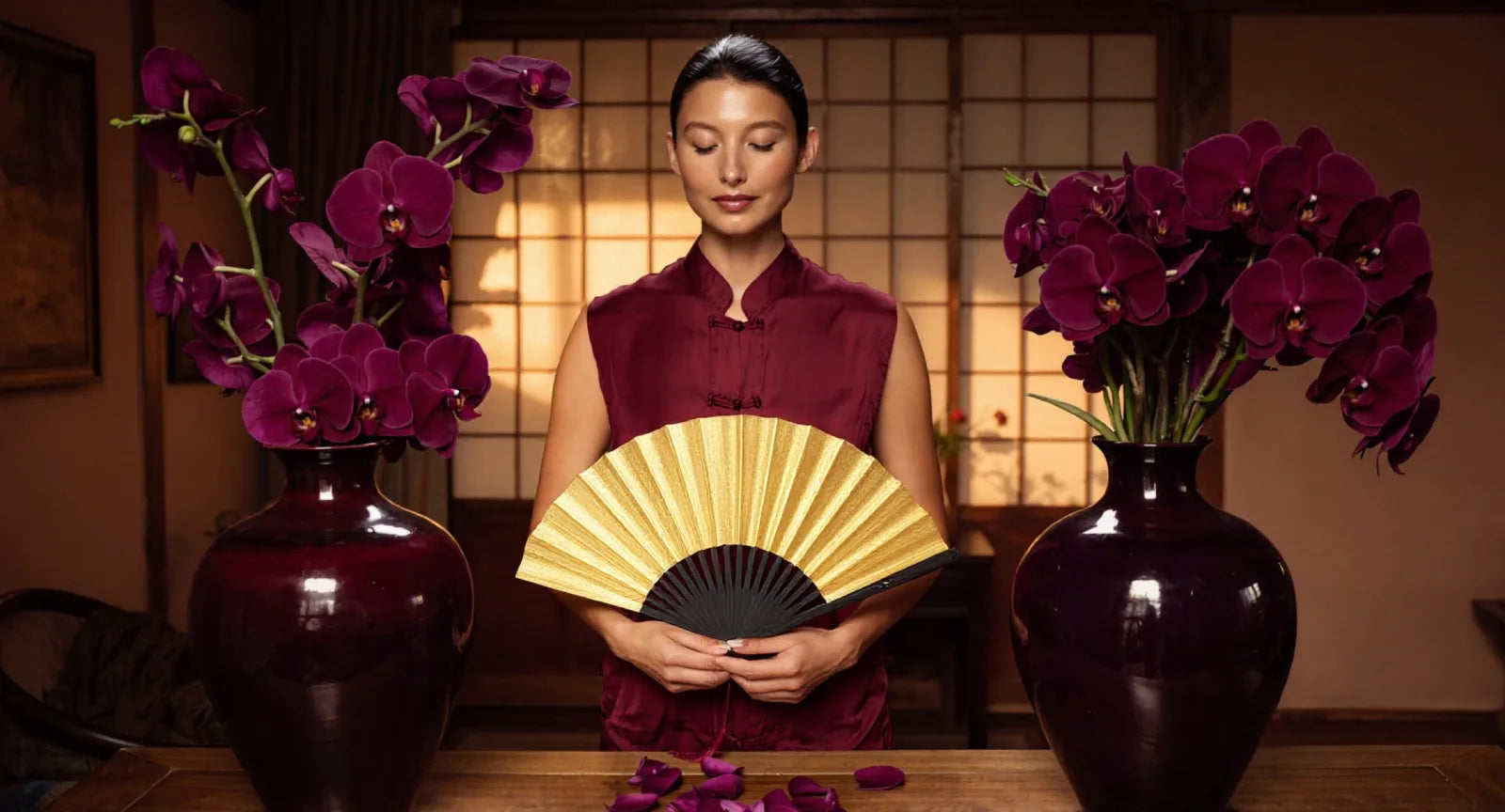 Orchid Bloom templewear in Sacred Maroon, held with a golden fan